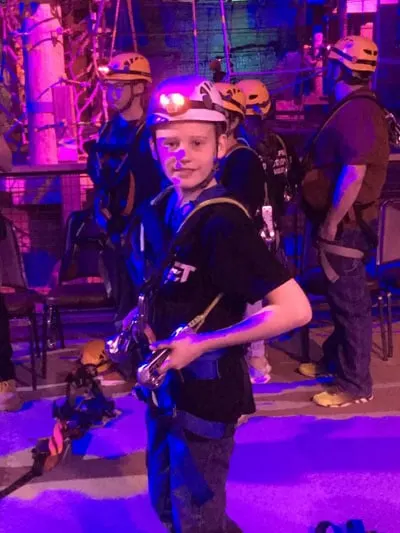 Gearing up for the Ropes course at Louisville Mega Cavern 
