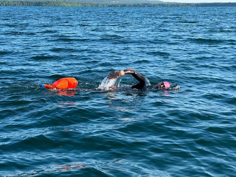 Swimming in crystal-clear lakes within a lake