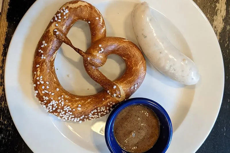 Try traditional Weisswurst and pretzels