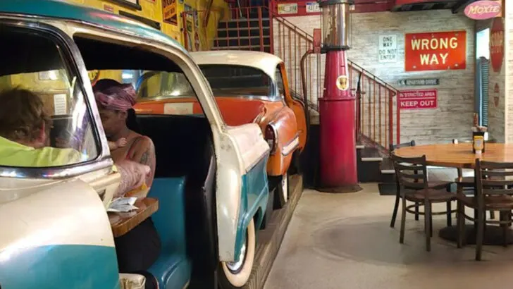 An automotive-themed restaurant in Michigan where you can eat inside classic cars