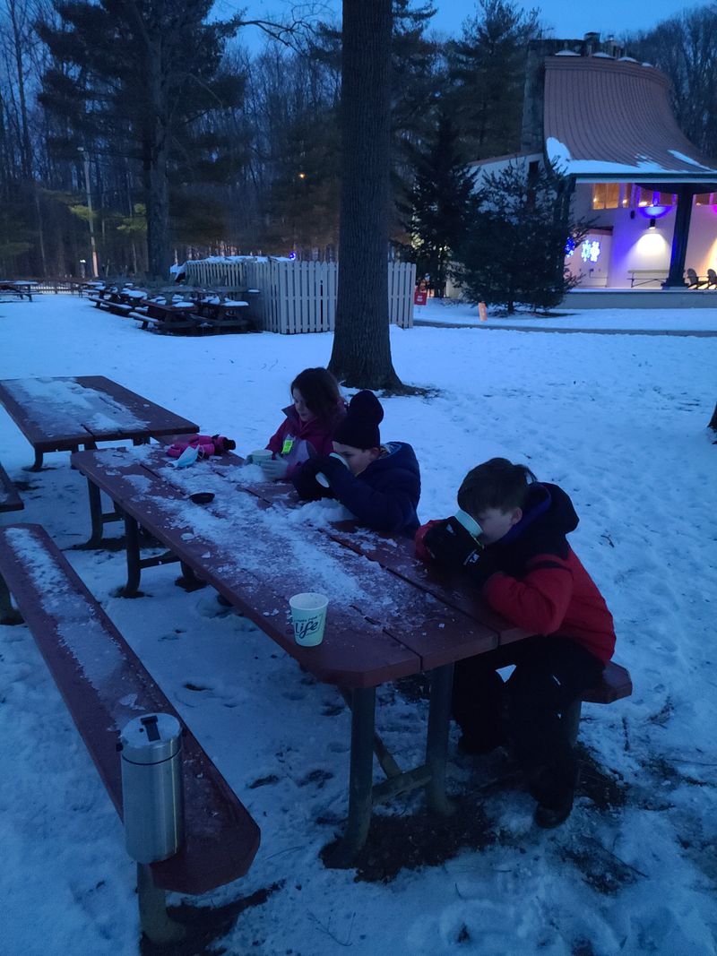 Food, hot chocolate, and warming up