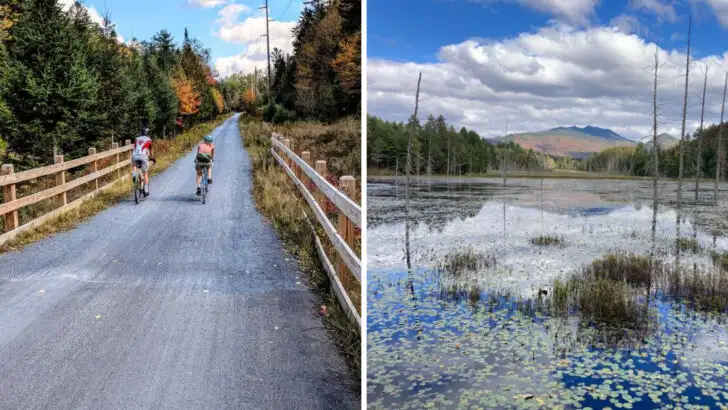 A 34-mile bike trail in New York follows an old railroad through the Adirondacks connecting three lakeside towns