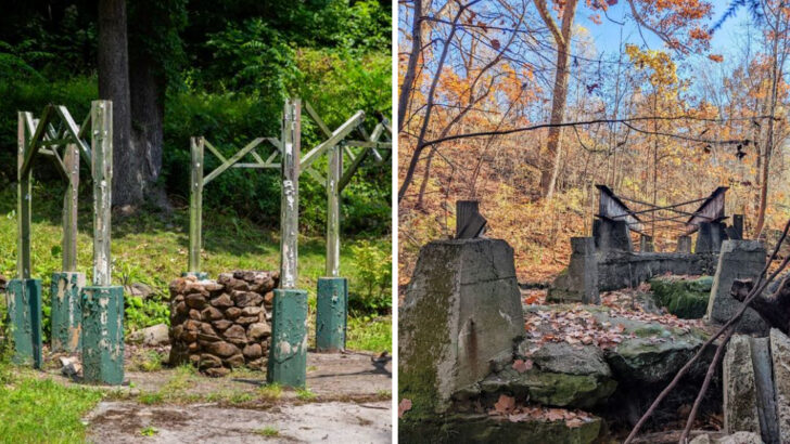 A Once-Thriving Pennsylvania Amusement Park Now Sits Quietly with Roller Coaster Ruins Scattered Along the Gorge