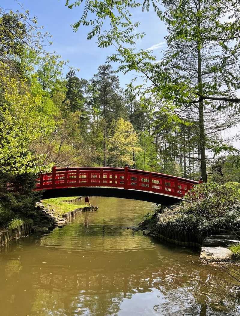 Arched Red Bridge Over Pond