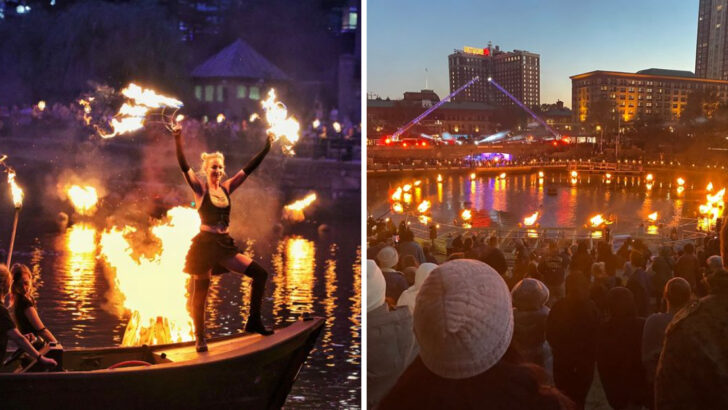 This Rhode Island Riverwalk Lights Up With 80 Roaring Bonfires Right on the Water