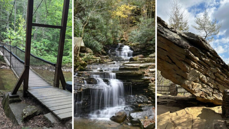 A 541 Acre Gorge in Pennsylvania Has a Swinging Bridge, a Waterfall, and a Rock That Defies Gravity