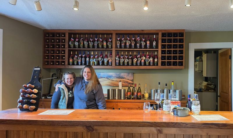 A rustic tasting room inside a restored farmhouse