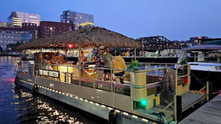 This Floating Tiki Bar Drifting Around Boston Harbor Is the Ultimate Massachusetts Hangout On The Water