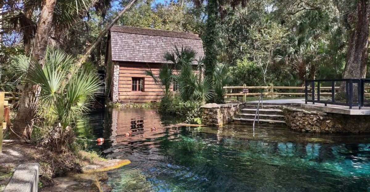 A Tropical Florida Spring Flows Past A Millhouse Built During The Great Depression