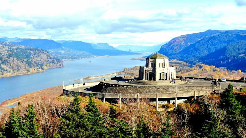 An Eight-Sided Stone Lookout Hanging Over The Columbia